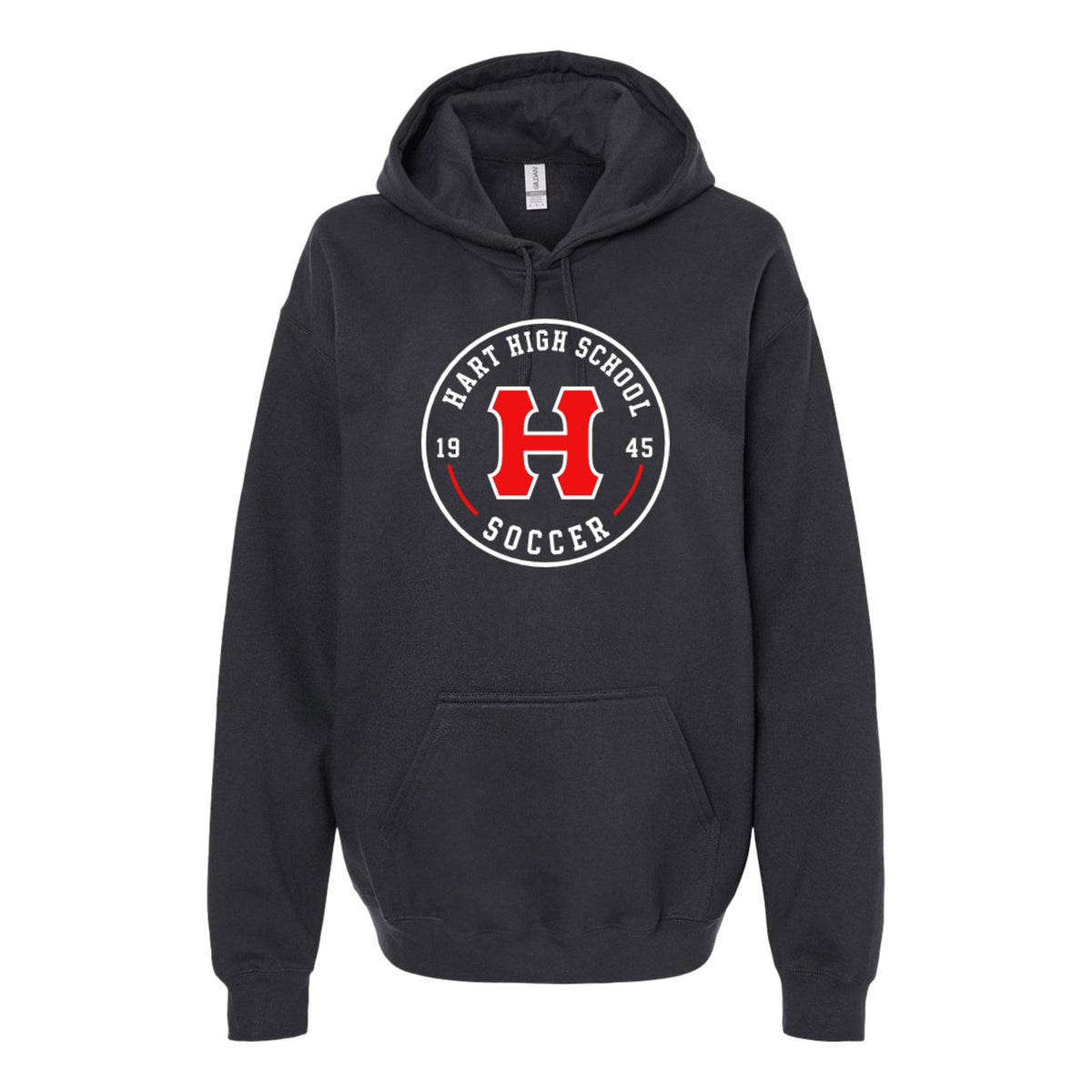 Black Hart Soccer hoodie with the Hart High School Soccer crest on the chest