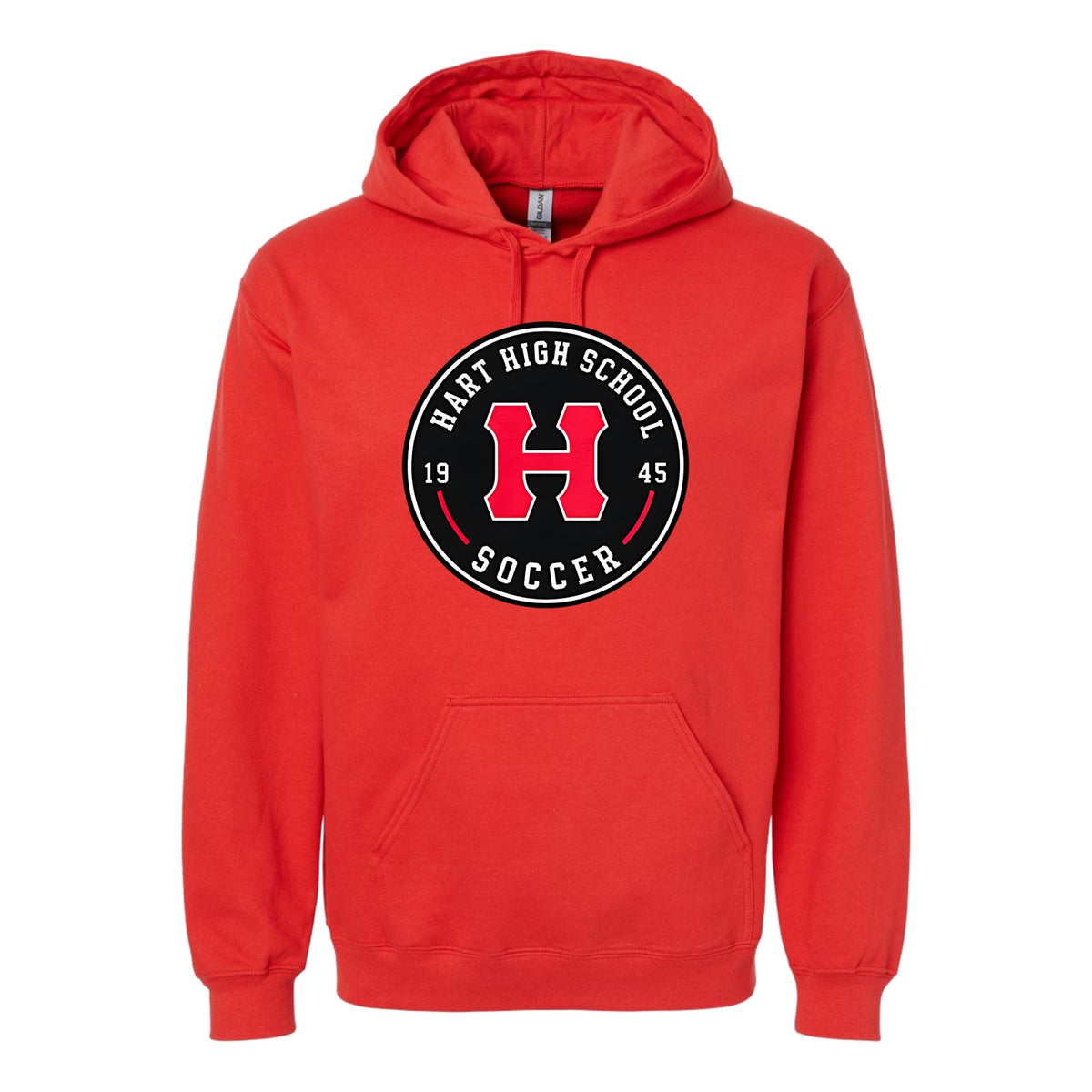 Red Hart Soccer hoodie with the Hart High School Soccer crest on the chest