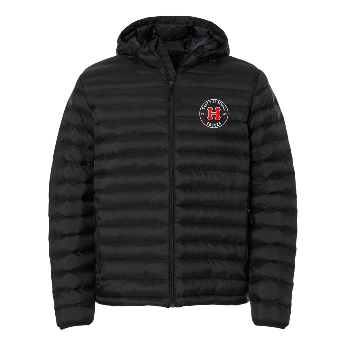 Black Hart Soccer puffer jacket with the crest on the left chest