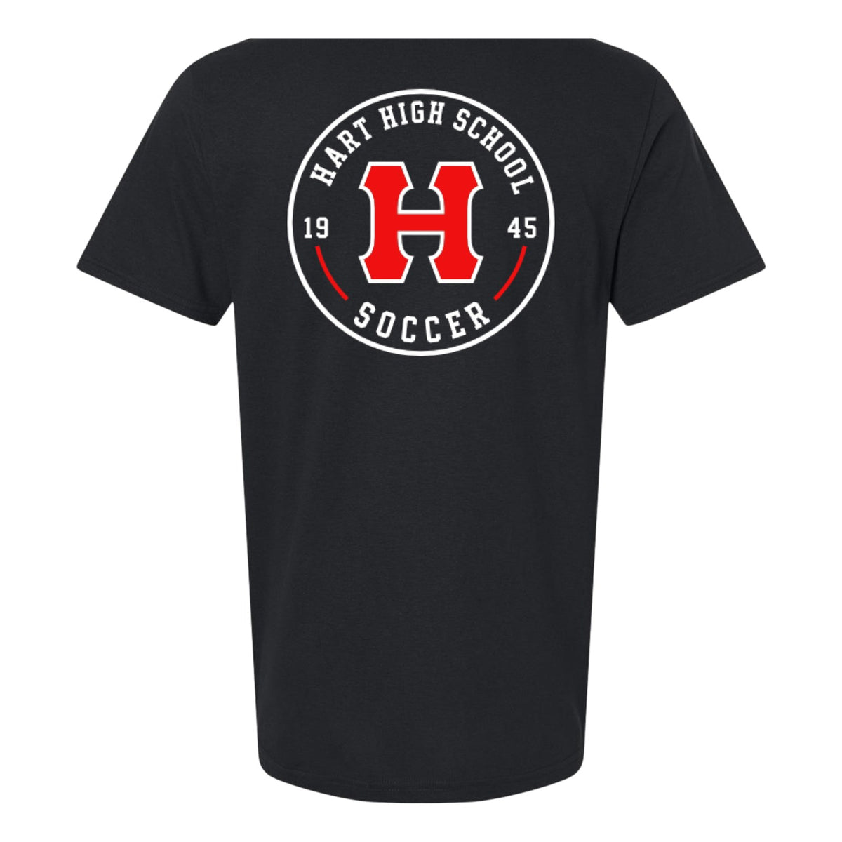 Black Hart Soccer tee, back view with full Hart High School Soccer crest