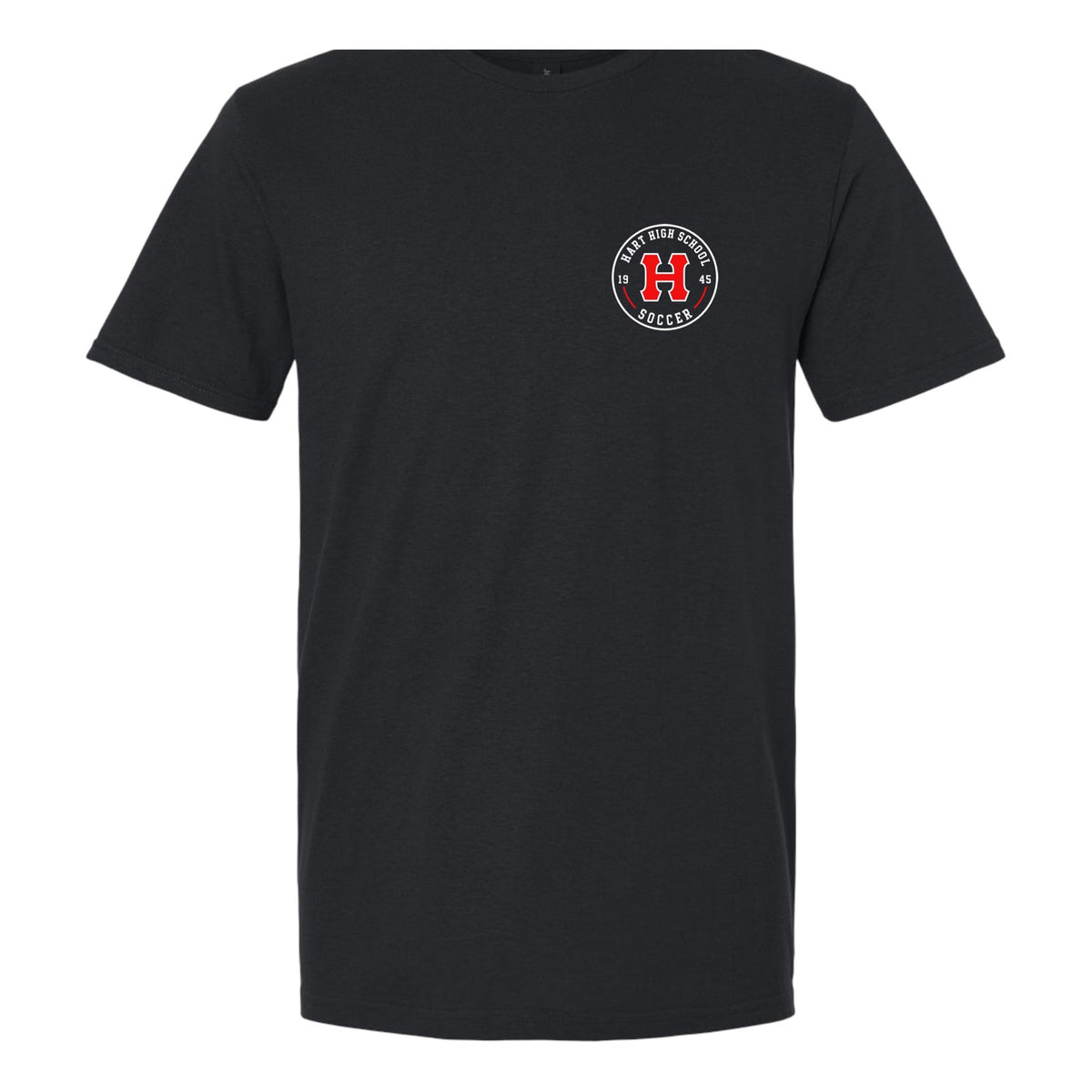 Black Hart Soccer tee, front view with crest on the left chest
