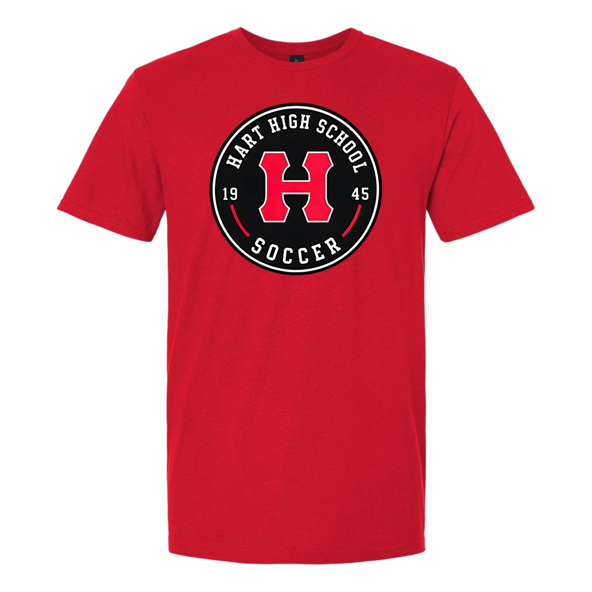 Red Hart Soccer tee with the Hart High School Soccer crest on the front