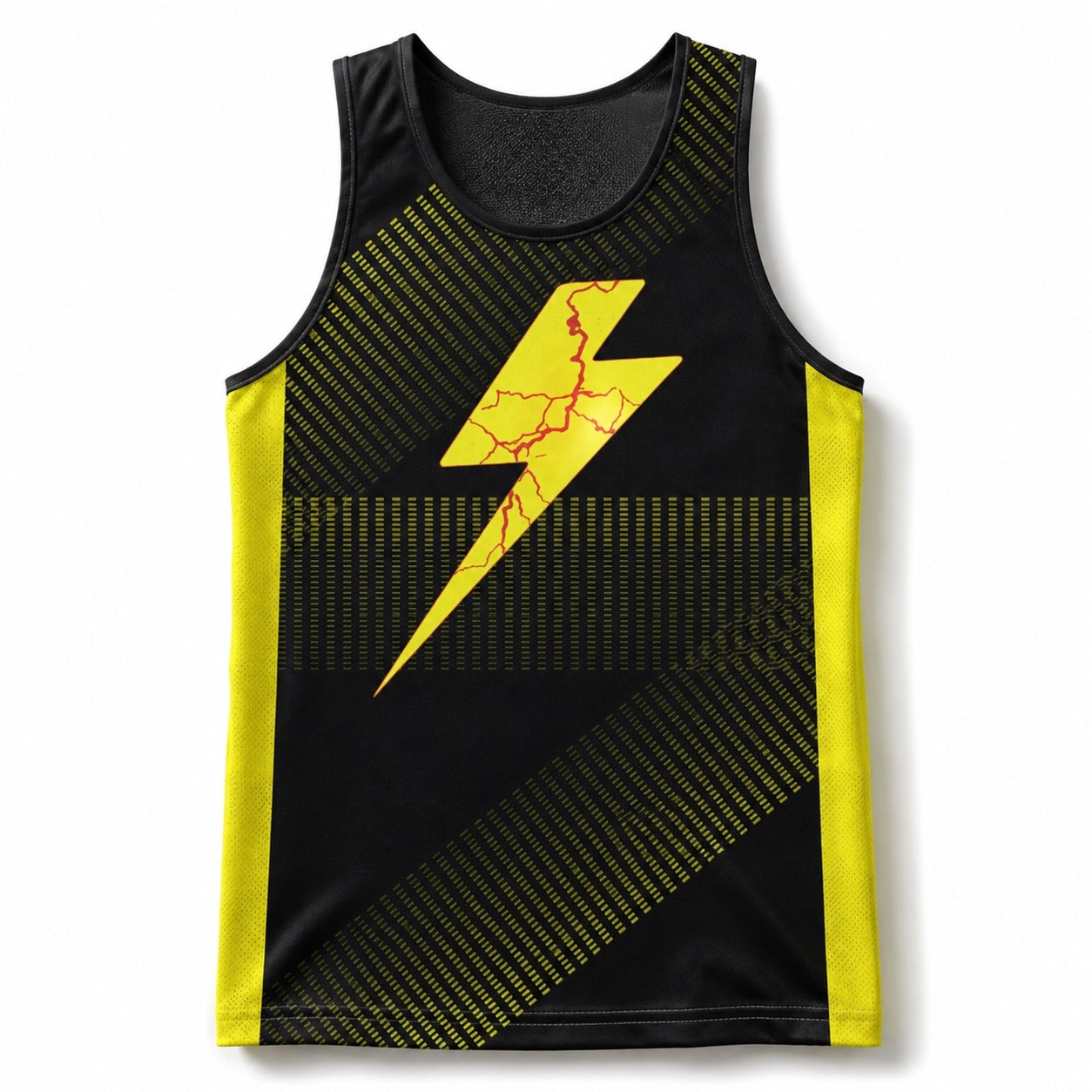 Lightning Youth Academy jersey, front view — black sublimated jersey with yellow lightning bolt and yellow side panels