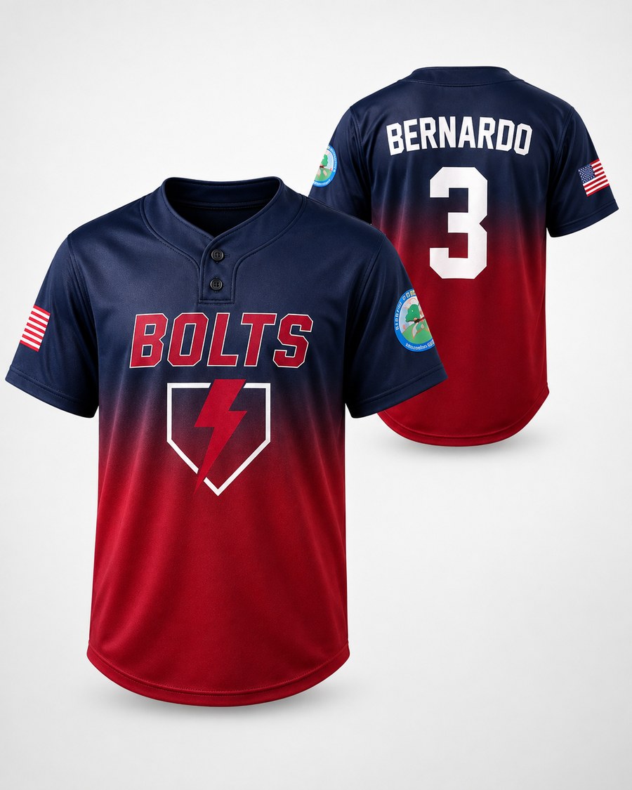 Navy to red gradient custom two-button baseball jersey with a chest logo, league patch and flag sleeve