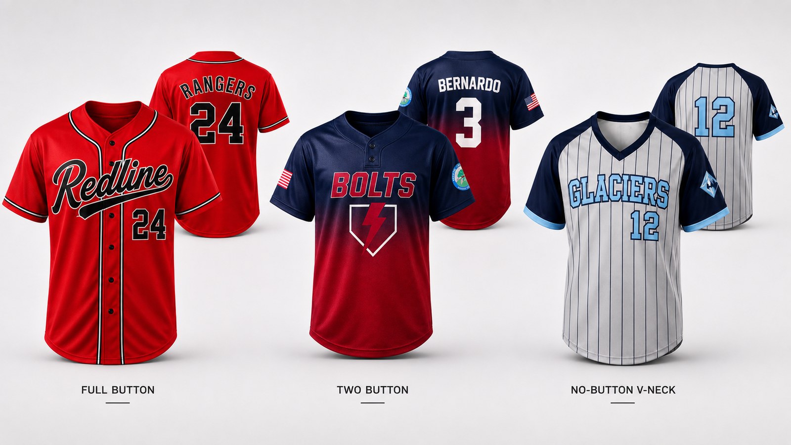 Three custom baseball jersey styles: a red full-button jersey, a navy to red two-button jersey, and a grey pinstripe v-neck jersey