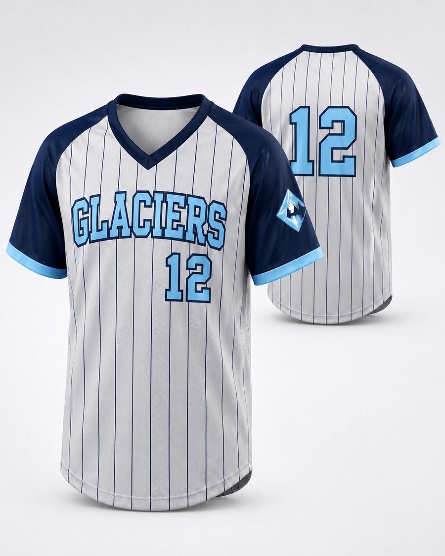 Grey pinstripe custom v-neck baseball jersey with navy raglan sleeves and light blue lettering