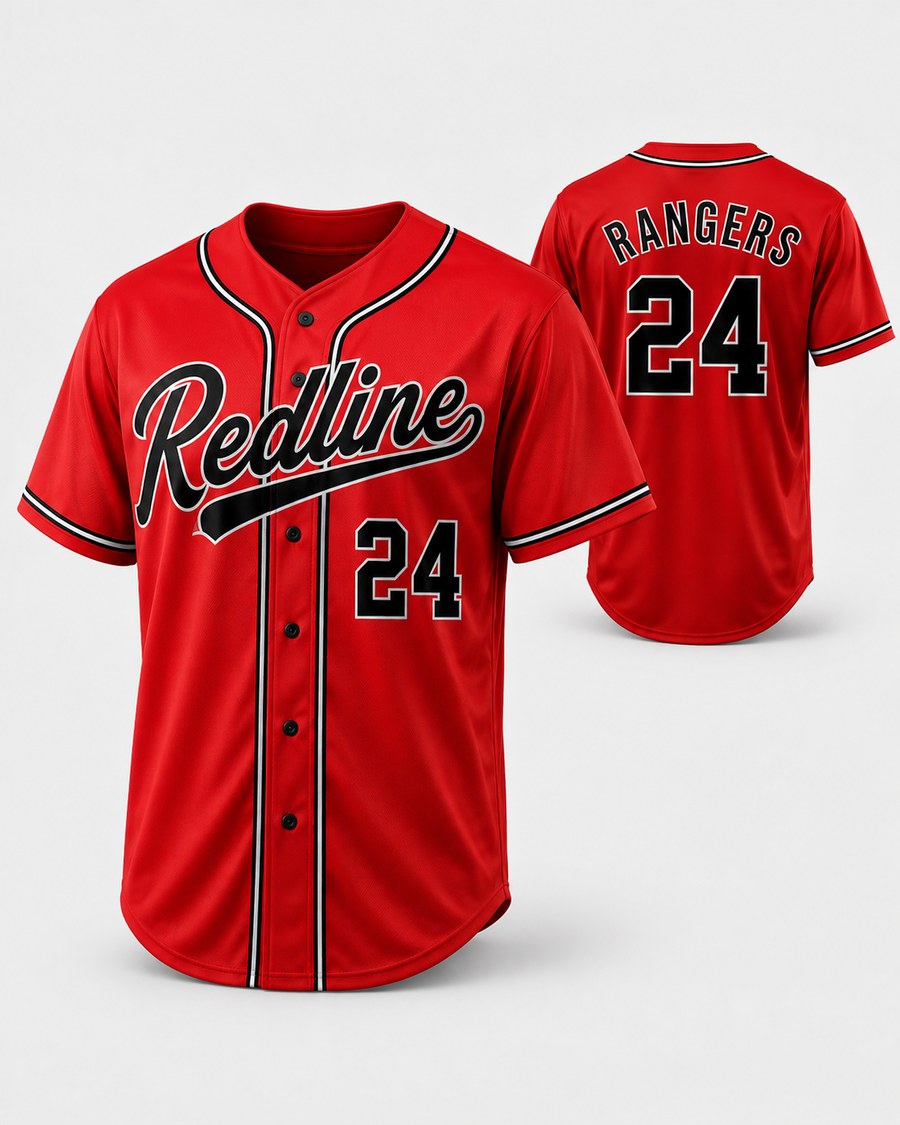 Red custom full-button baseball jersey with black script wordmark, contrast piping and a number on the back